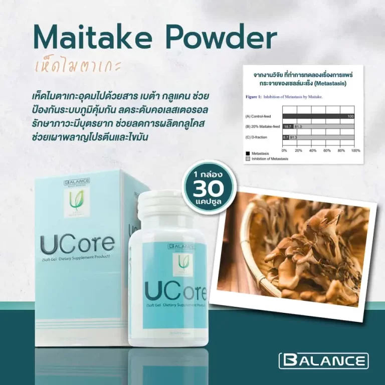 ภาพโฆษณาผง Maitake ในผลิตภัณฑ์ UCore พร้อมข้อมูลทางวิทยาศาสตร์